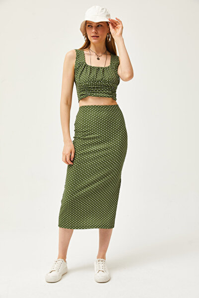 Olalook Women's Green Polka Dot Top Blouse Bottom Skirt Knitted Bottom Top Set TKM-19000281