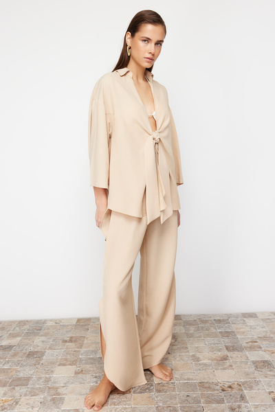 Trendyol Collection Bézs vászonkeverék ing és nadrág strandkészlet - TBESS24AU00031