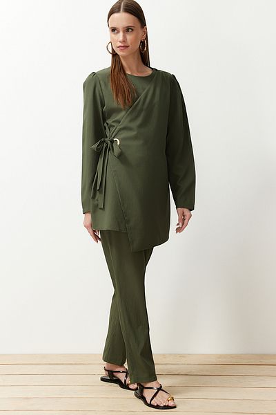 Trendyol Modest Khaki Bird Eye Detailed Woven Top and Bottom Set TCTSS24US00077