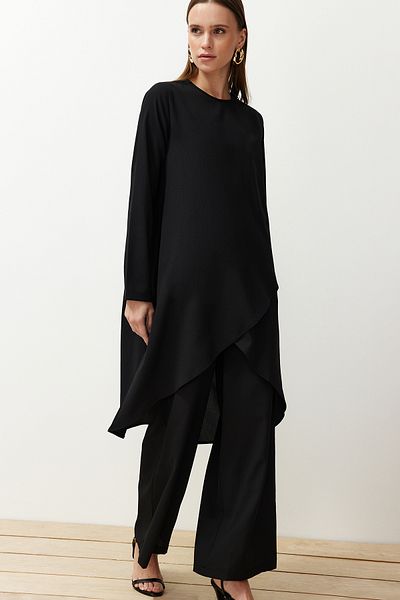 Trendyol Modest Black Asymmetrical Woven Tunic Trousers Top and Bottom Set TCTSS24US00074