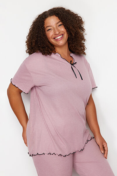 Trendyol Curve Dried Rose Knitted Pajama Set - Bow Detail TBBSS24AI00095