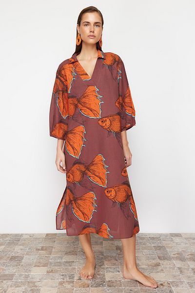 Trendyol Collection Halmintás széles szabású szőtt 100% pamut Midi strandruha TBESS22EL0009