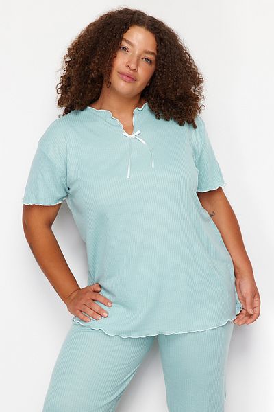 Trendyol Curve Mint Colored Bow Detailed Knitted Pajamas Set - TBBSS24AI00095