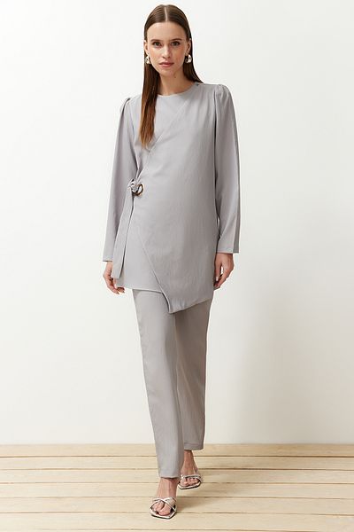 Trendyol Modest Gray Bird Eye Detailed Woven Top and Bottom Set TCTSS24US00077