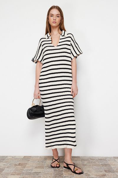 Trendyol Collection Ecru Maxi csíkos pólógallér kötöttáru ruha TWOSS24EL00824