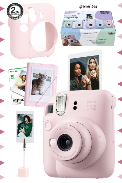Fujifilm Instax mini 12 Pembe Fotoğraf Makinesi-10'lu Film-Kıskaçlı Stand-Mini Albüm ve Silikon Kılıf Seti