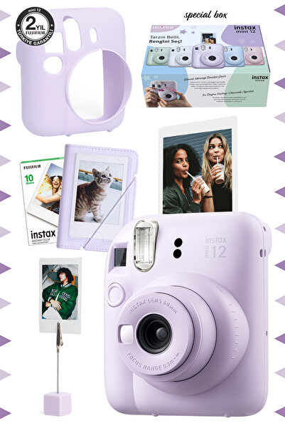 Fujifilm Instax mini 12 Lila Fotoğraf Makinesi-10'lu Film-Kıskaçlı Stand-Mini Albüm ve Silikon Kılıf Seti