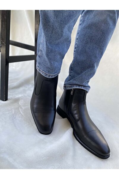 Burç Gerçek Deri Siyah Yanı Fermuarlı Erkek Bot (02173)