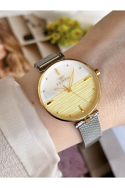 FERRO GoldSilver Straw Cord Colorfast 30 Meters Water Resistant Special Design Women's Wristwatch 21224