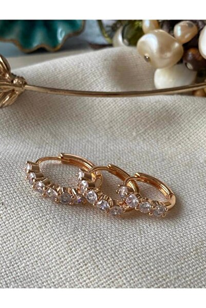 SU PERİSİ TAKI BİJUTERİ Gold 3 lü Zirkon Taşlı Halka Küpe