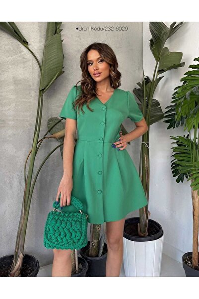 OlaLady Women's V-Neck Button Detailed Short Sleeve Clos Mini Dress