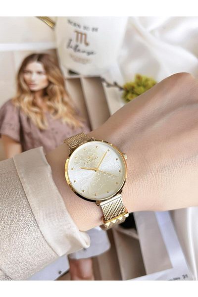 FERRO GoldSilver Straw Cord Colorfast 30 Meters Water Resistant Special Design Women's Wristwatch 21087