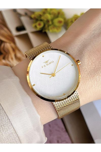 FERRO GoldSilver Straw Cord Colorfast 30 Meters Water Resistant Special Design Women's Wristwatch 81753