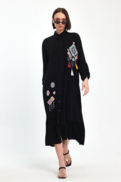 AYASOFYA OTANTIK Women's Black Ethnic Embroidery Embroidered Foldable Sleeve Shirt Dress