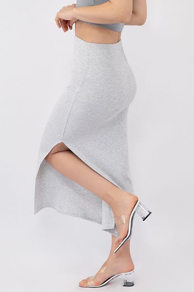 Soyo Women's Gray Cotton Corded Knitted Slit Pencil Skirt