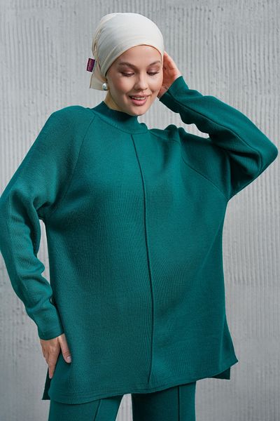 bayansepeti Flexible Knitwear Fabric Stand Collar Long Sleeve Top and Slit Leg Bottom Green Hijab Bottom-Top Set 1070