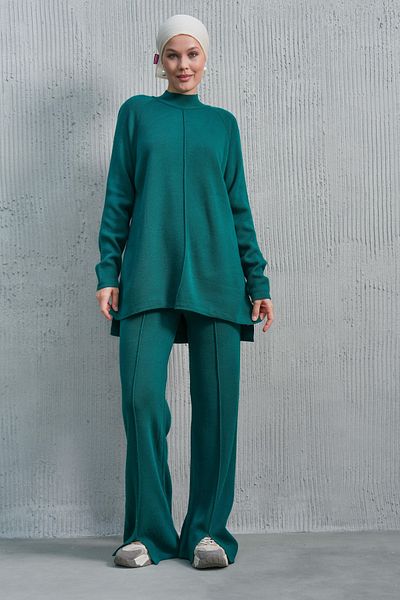 bayansepeti Flexible Knitwear Fabric Stand Collar Long Sleeve Top and Slit Leg Bottom Green Hijab Bottom-Top Set 1070