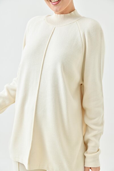 lovebox Skromná pletenina Oversize ecru svetr a kalhoty s vysokým pasem Hidžáb Sada úpletů se spodním okrajem 1070