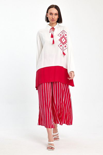 AYASOFYA OTANTIK Women's Red and White Digital Enik Patterned Placket Collar Loose Tunic Pants Set of 2