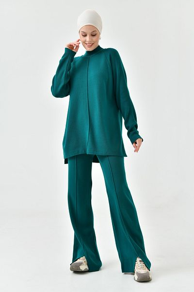 lovebox Tricotaj modeste din țesătură Pulover verde supradimensionat și pantaloni cu talie înaltă Hijab Set de tricotaje de jos și de sus 1070