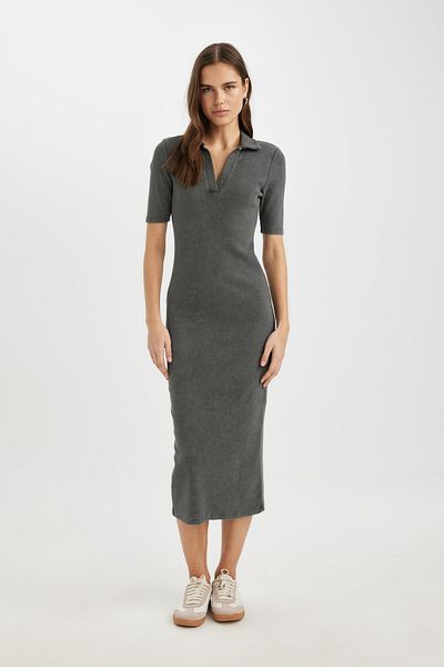 DeFacto Bodycon Polo s výstřihem, žebrovaná košilka Midi s krátkým rukávem C2893AX24SP
