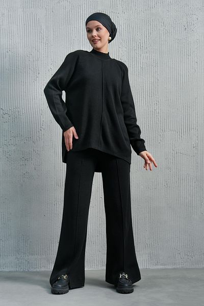 bayansepeti Flexible Knitwear Fabric Stand Collar Long Sleeve Top and Slit Leg Bottom Black Hijab Bottom-Top Set 1070