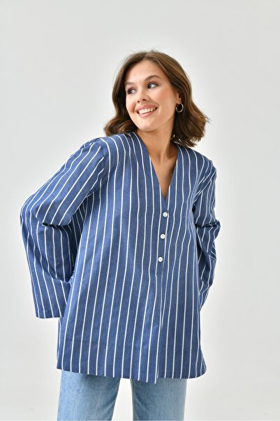 DUXAL SHOES Boris Slit Striped Detail Poplin Blouse