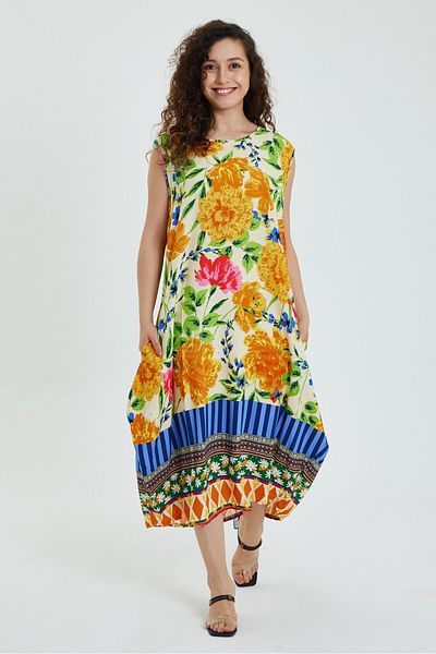 AYASOFYA OTANTIK Rochie de damă, galbenă, cu model de flori, fără mâneci