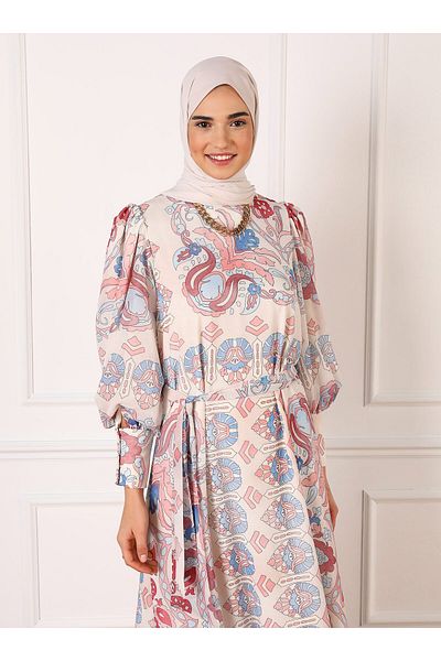 Refka Belted Shawl Patterned Chiffon Hijab Dress with Balloon Sleeves - Vanilla Flower Pattern - Refka
