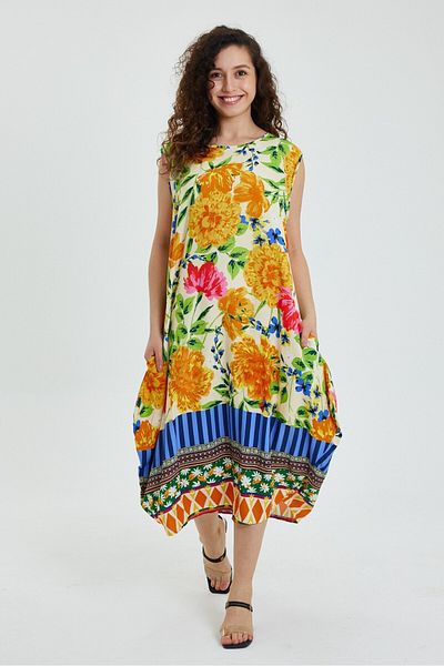 AYASOFYA OTANTIK Rochie de damă, galbenă, cu model de flori, fără mâneci