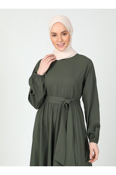 Tavin Hijab Dress with Tie Detail - Khaki - Tavin