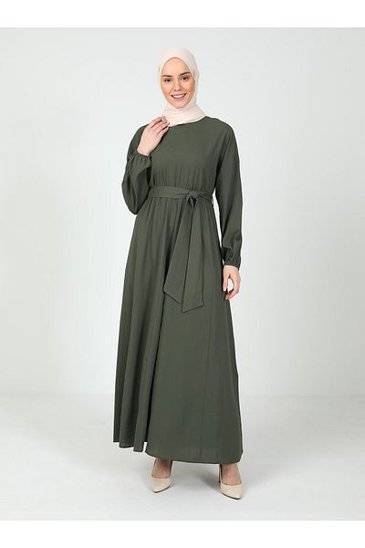Tavin Hijab Dress with Tie Detail - Khaki - Tavin