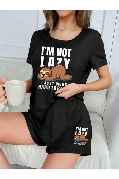 PALPİTO Γυναικείο Μαύρο I Am Not Lazy εμπριμέ Oversize Σορτς