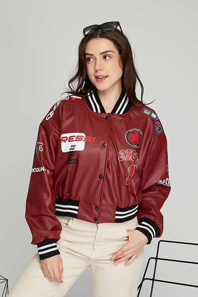 Black Level Women's Oversize Leather Biker Racer Biker Jacket - Printed College Coat, Bomber Jacket