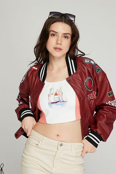 Black Level Women's Oversize Leather Biker Racer Biker Jacket - Printed College Coat, Bomber Jacket