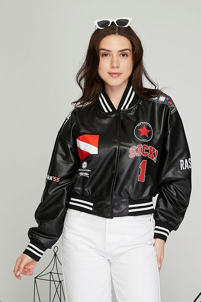 Black Level Jachetă de motociclist pentru femei, din piele, oversize, pentru motociclist - paltoane universitare imprimate, jachetă bomber