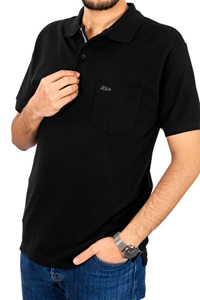BSM Men's High Quality Pocketed Short Sleeve Polo Collar Black Pique T-Shirt
