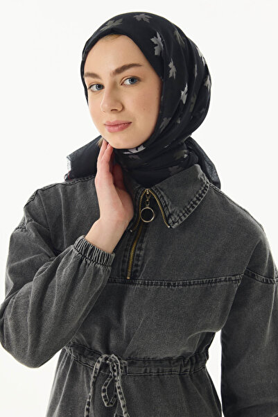 FENZA SCARF Şal Zeta din bumbac negru cu model de frunze