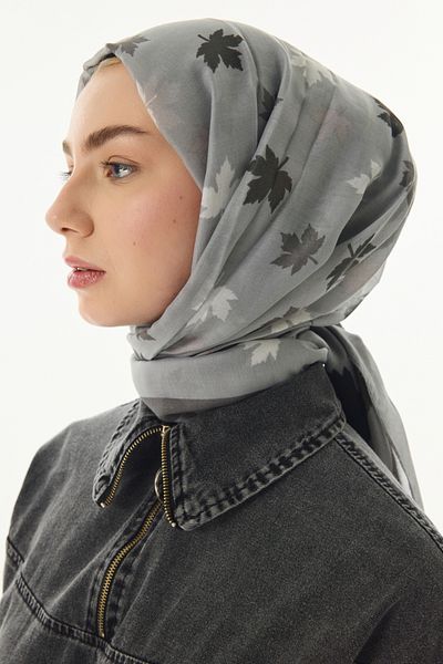 FENZA SCARF Gray Cotton Shawl - Zeta Leaf Pattern