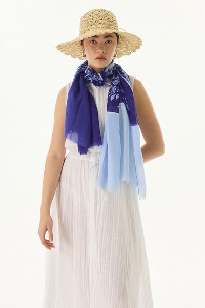 FENZA SCARF SHAY Βαμβακερό μοτίβο λουλουδιών Indigo-Navy Blue Σάλι