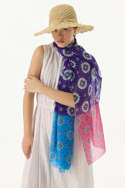 FENZA SCARF Şal din bumbac EMBER cu model etnic albastru-fucsia