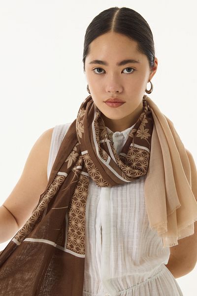 FENZA SCARF Σάλι SHAY Βαμβακερό με λουλουδάτο σχέδιο καφέ-μπεζ