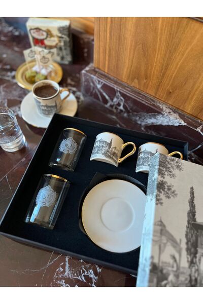 Hatun İstanbul 24 K Altın Kaplama 2'li Porselen El İşçiliği Kahve Fincan Takımı ve Su Bardağı
