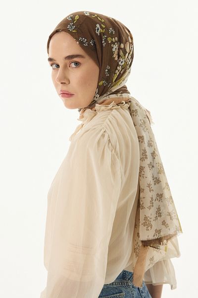 FENZA SCARF Καφέ βαμβακερό σάλι - Λιλά με λουλούδια