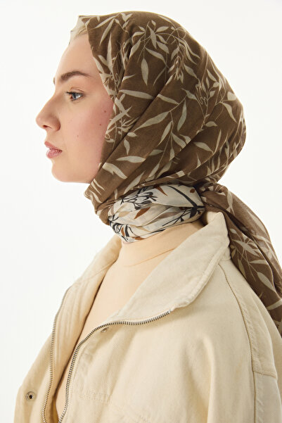 FENZA SCARF Βαμβακερό σάλι με μοτίβο με φύλλα ελιάς καφέ-μπεζ