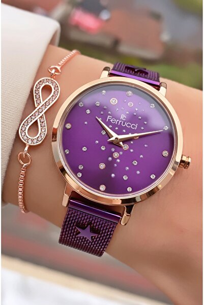 Ferrucci Brand Burgundy Color Steel Cord 2 Years Warranty Women Wristwatch - Bracelet