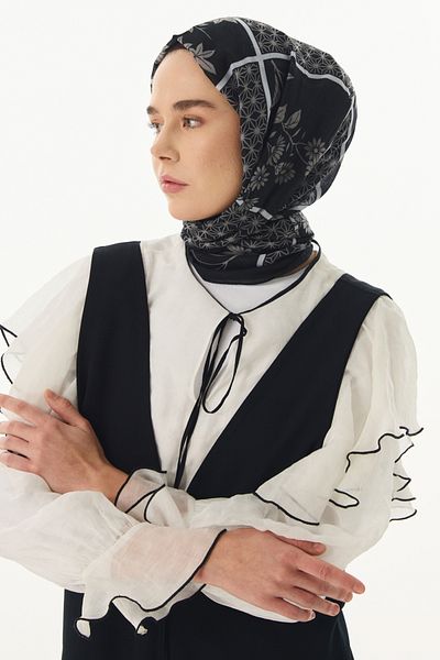 FENZA SCARF SHAY Black-Grey Cotton Floral Pattern Shawl