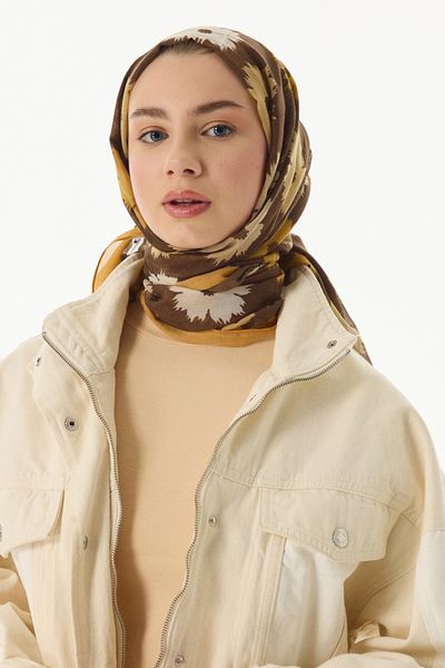 FENZA SCARF Σάλι ELLA καφέ βαμβακερό με λουλούδια