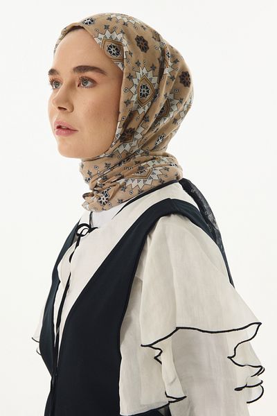 FENZA SCARF Ember Beige-Black Cotton Shawl - Ethnic Patterned
