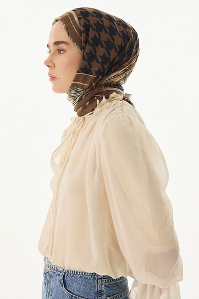 FENZA SCARF Καφέ βαμβακερό σάλι με μοτίβο Houndstooth Evie